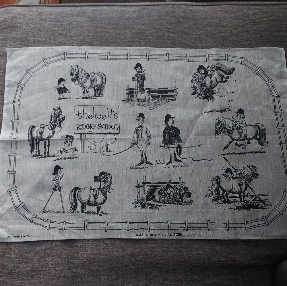 ULSTER RIDING SCHOOL PURE LINEN TEA TOWEL.Cream Black.SIZE MEDIUM